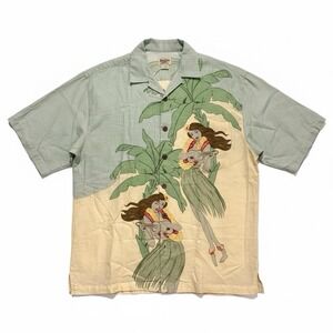 Tommy Bahama Camp Shirt Mens L Green Tropical Hawaiian Hula Girl‎ Ukelele Aloha